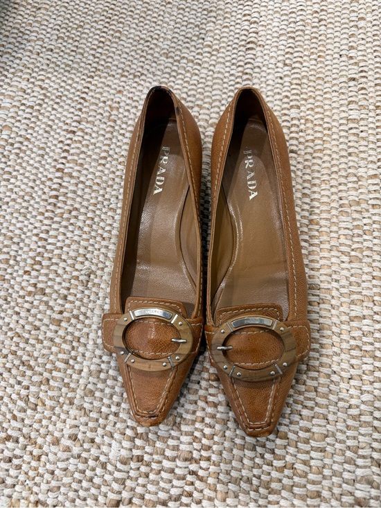 Prada Shoes - Vintage Prada Tan Leather Wood Buckle Kitten Heels - Size 36